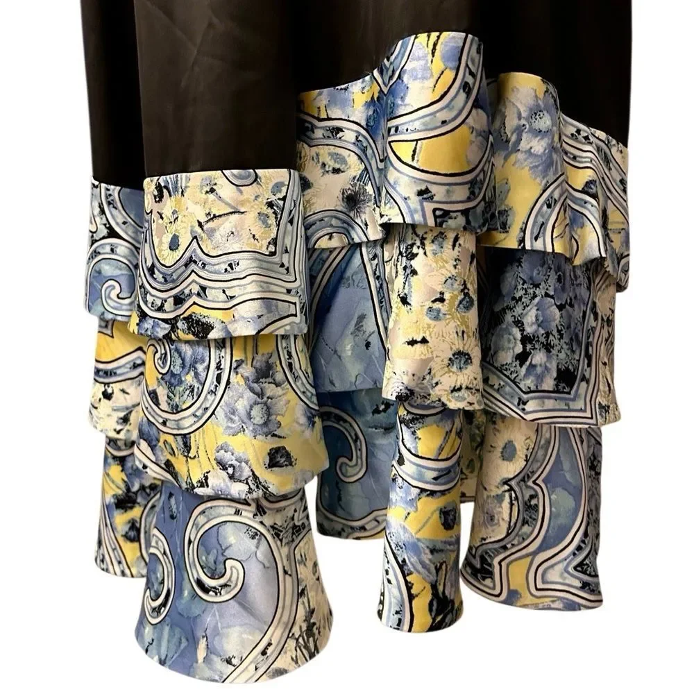 Carlisle Elegant Black Silk Cape Scarf Wrap Blue White Floral Paisley Hem Ruffle